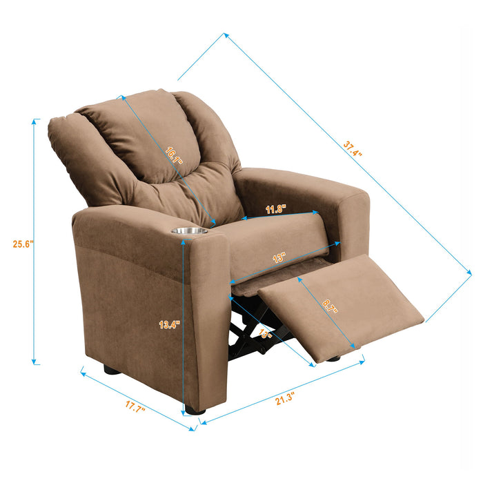 Brown kids recliner chair by Giga with headrest, footrest, plush upholstery, and built-in cup holder for toddlers.