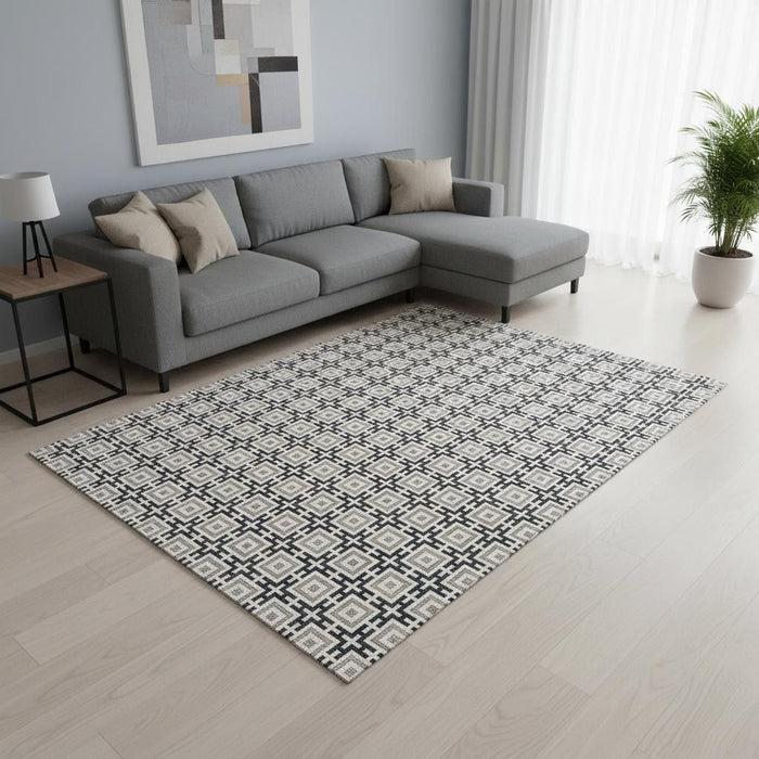 10' X 14' Geometric Washable Area Rug With UV Protection (645259) - Black / Ivory