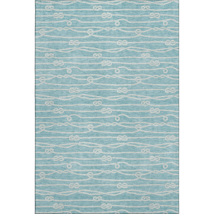 10' X 14' Nautical Washable Area Rug With UV Protection - Teal Blue And Ivory