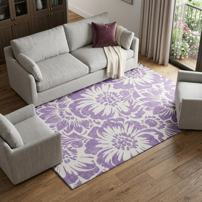 9' X 12' Floral Washable Area Rug With UV Protection (648693) - Purple / Ivory