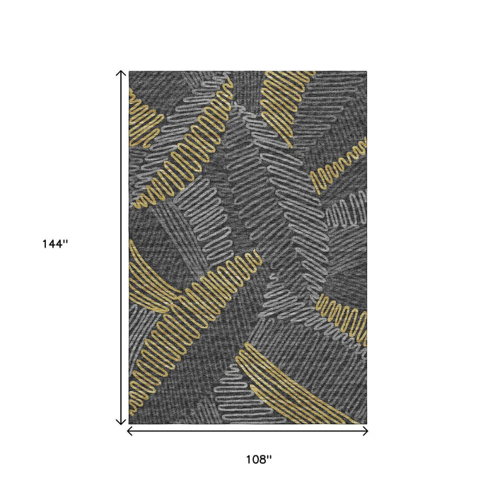 9' X 12' Botanical Leaves Washable Area Rug With UV Protection (645011) - Gray / Gold / Black