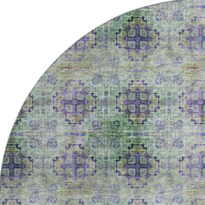 8' Floral Medallion Distressed Washable Round Rug With UV Protection (648943) - Purple / Green / Ivory