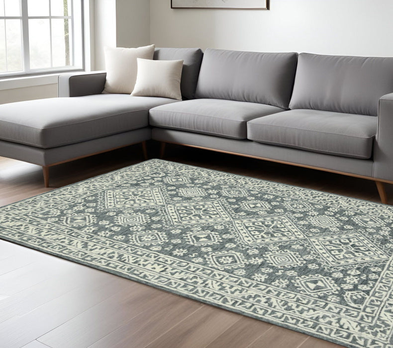 8' X 10' Wool Oriental Hand Hooked Area Rug - Slate Gray And Ivory