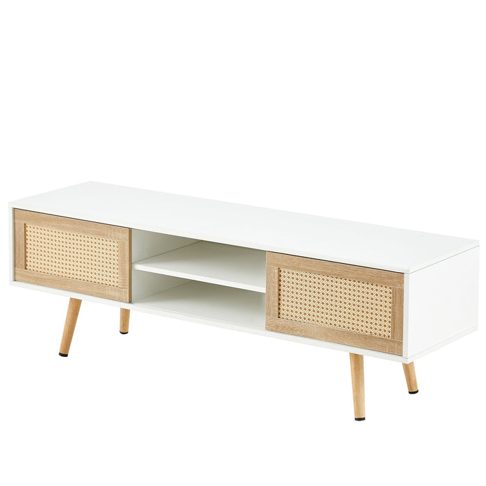Giga 55.12-inch rattan TV stand with double sliding doors, adjustable shelf, solid wood legs, ideal for living room storage