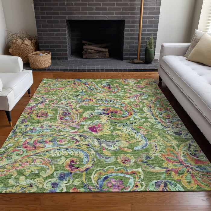 10' X 14' Paisley Washable Area Rug With UV Protection - Fern Green