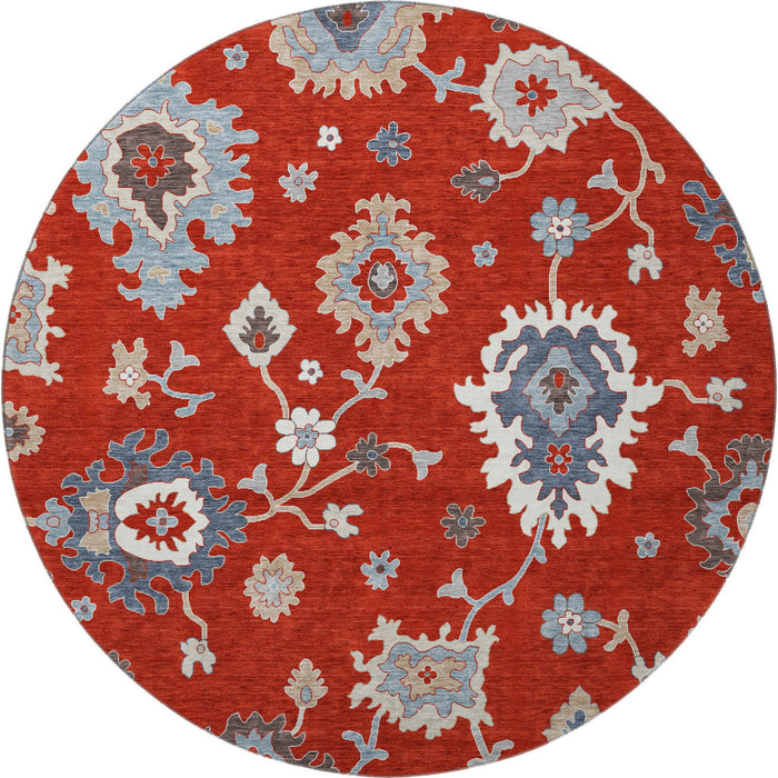 8' Floral Medallion Washable Round Rug With UV Protection - Red