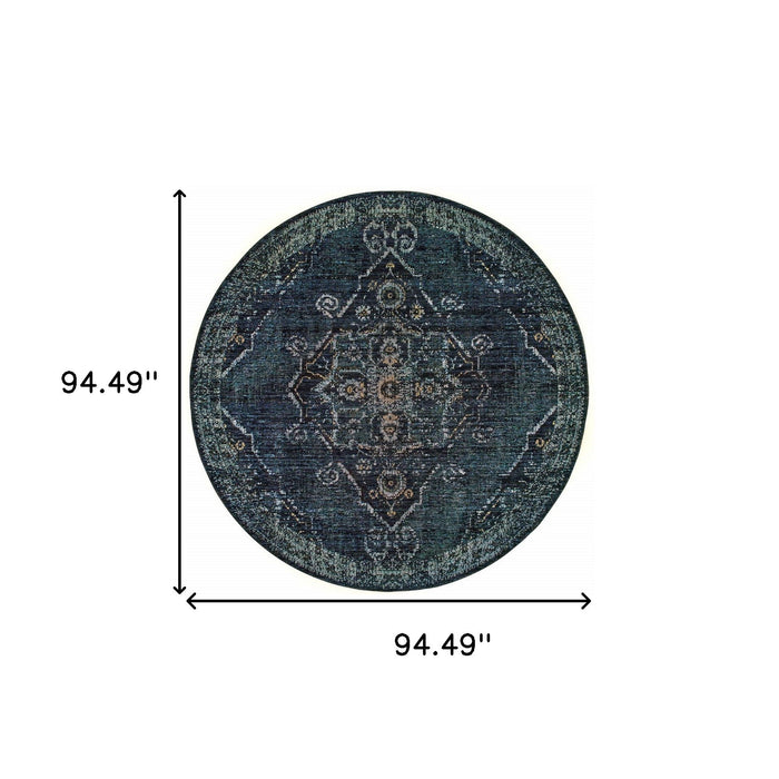 8' Round Oriental Power Loom Area Rug - Blue And Black