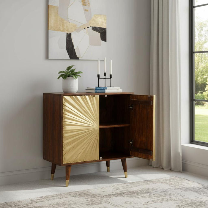 32" Solid Wood Textured Door Accent Cabinet With Two Doors - Chestnut / Gold