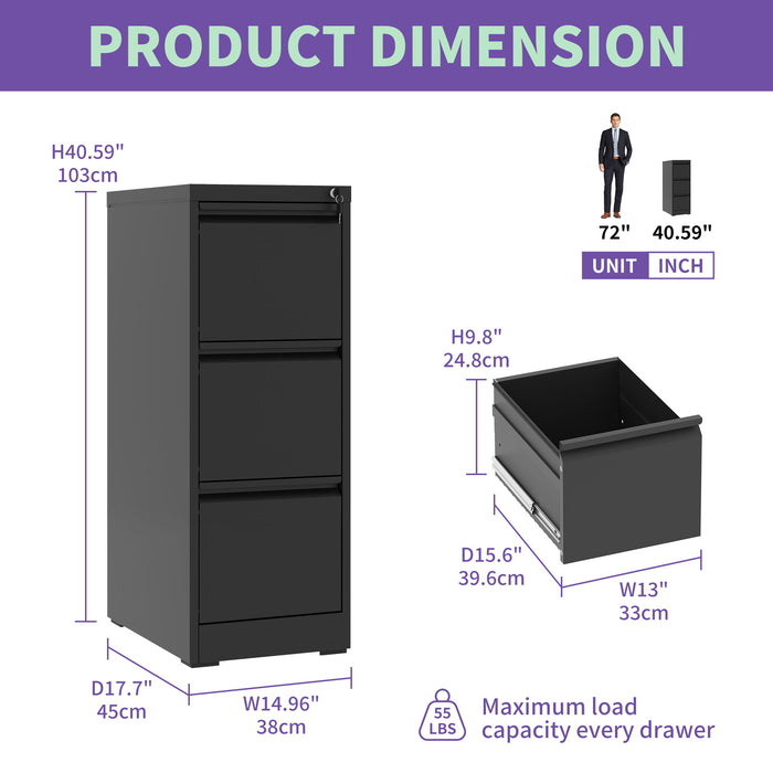 Giga steel vertical filing cabinet with lock, designed for A4, legal, and letter size documents, featuring multiple drawers.