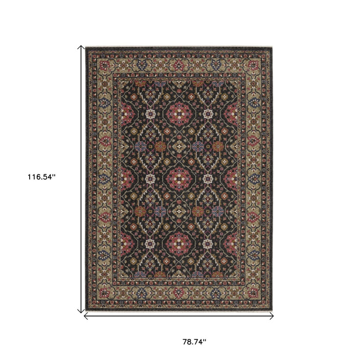 7' X 10' Oriental Area Rug With Fringe - Charcoal And Pink