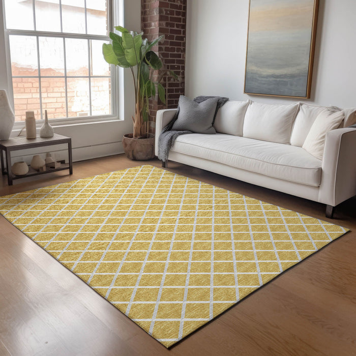 9' X 12' Geometric Washable Area Rug With UV Protection - Gold And Ivory