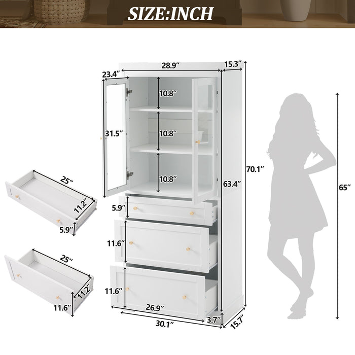 Giga freestanding tall bathroom cabinet with adjustable shelves, drawers, and soft-close glass doors for linen storage.