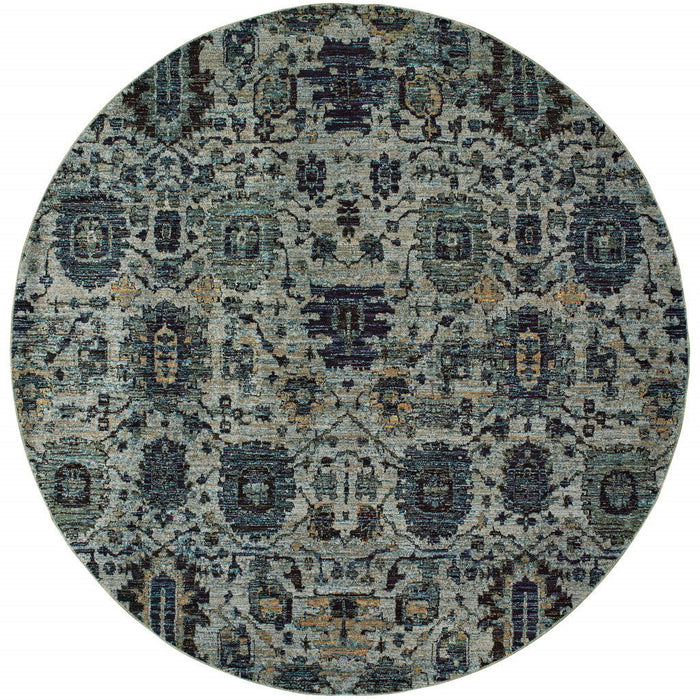8' Round Oriental Power Loom Area Rug - Blue Green