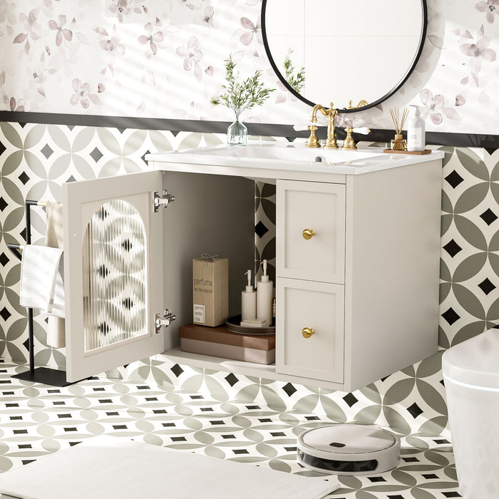 Giga wall-mounted bathroom vanity set with sink, two drawers, soft-close door, modern design, in a sleek bathroom setting
