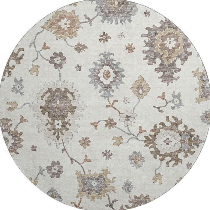 8' Floral Medallion Washable Round Rug With UV Protection - Ivory