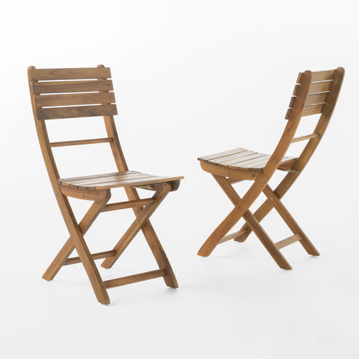 Set of two Giga outdoor foldable wood dining chairs with slat design, lightweight and versatile for outdoor seating.