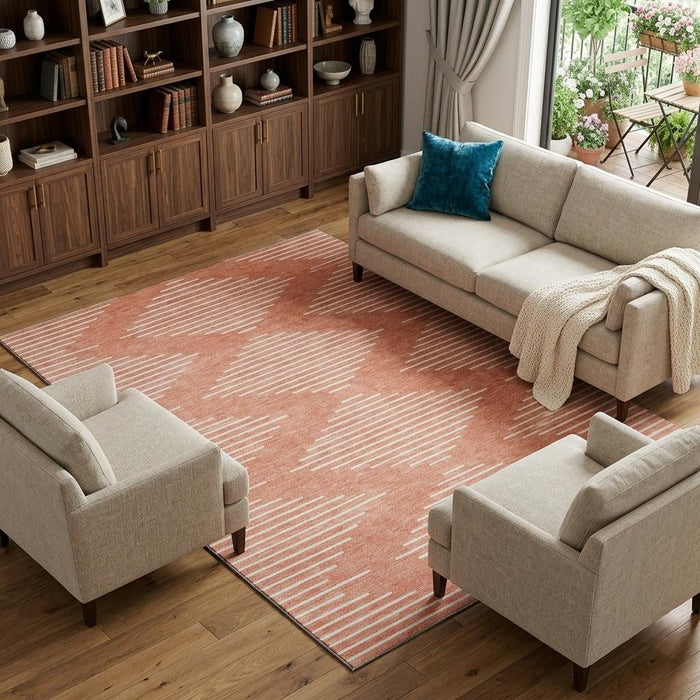 10' X 14' Geometric Washable Area Rug With UV Protection (679780) - Salmon / Ivory