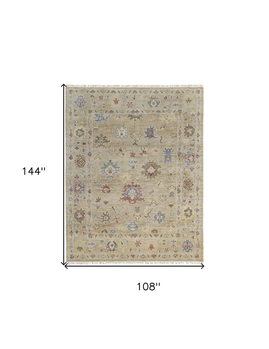 9' x 12' Wool Floral Hand Knotted Area Rug With Fringe - Tan Brown And Blue