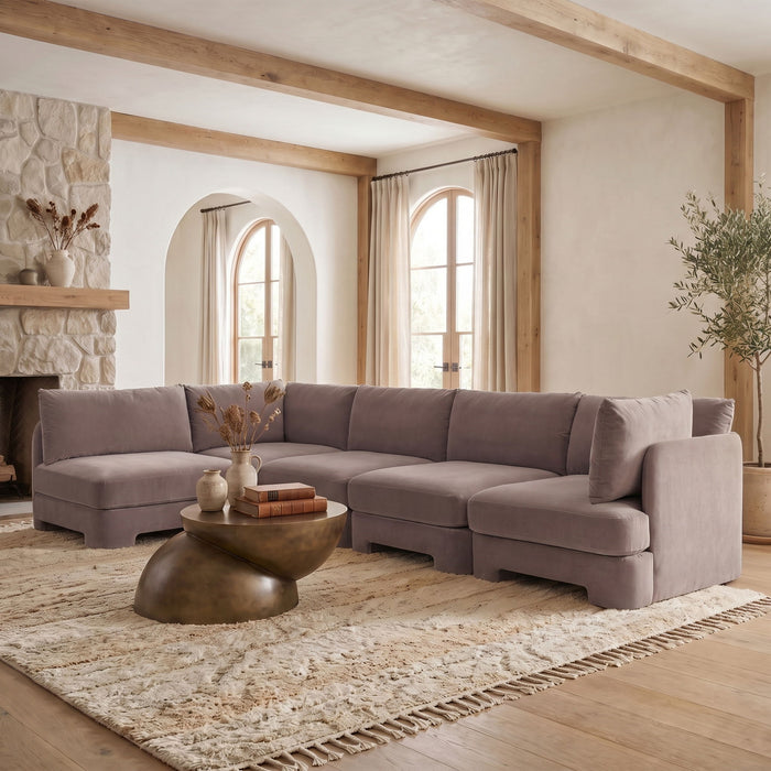 Meridian Furniture Hammond velvet performance fabric 5-piece L-shaped sectional with plush cushions and modern design.