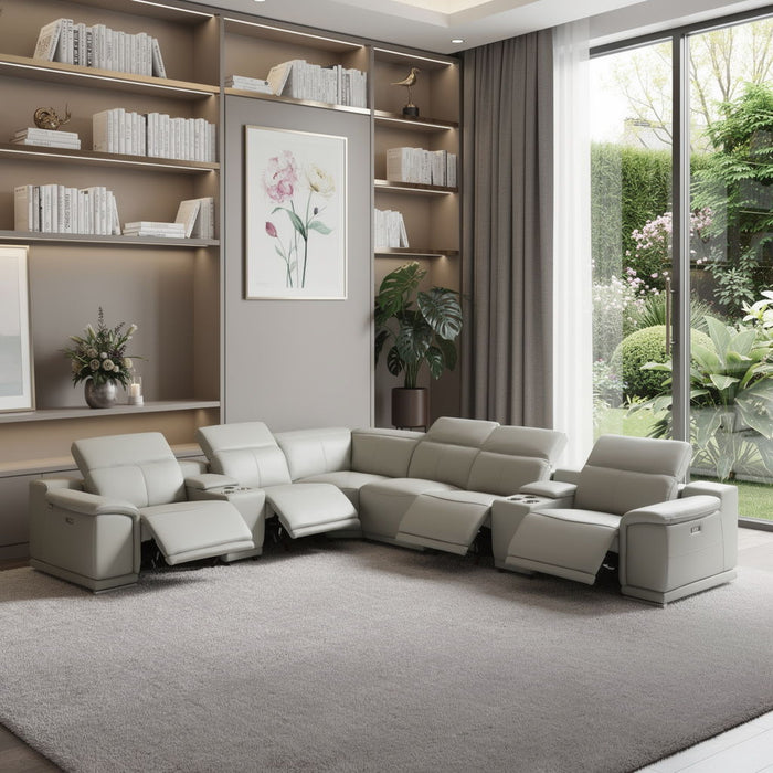 Italian Leather Power Reclining U Shaped 8 Piece Corner Sectional With Console - Light Gray