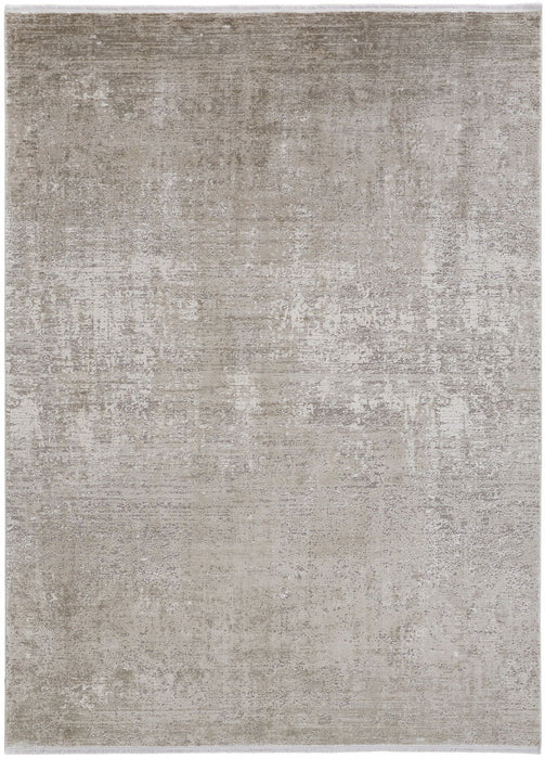 10' x 13' Abstract Power Loom Distressed Area Rug With Fringe - Tan Ivory And Gray