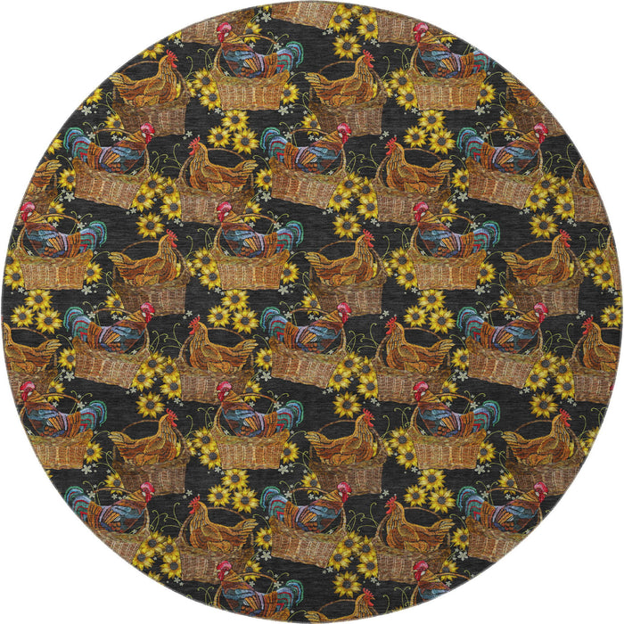 8' Cottage Animal Print Washable Round Rug With UV Protection - Midnight