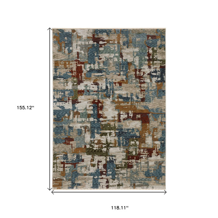 10' X 13' Abstract Distressed Area Rug With Fringe - Beige And Teal