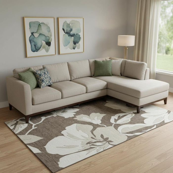 10' X 14' Floral Washable Area Rug With UV Protection (667975) - Brown / Ivory