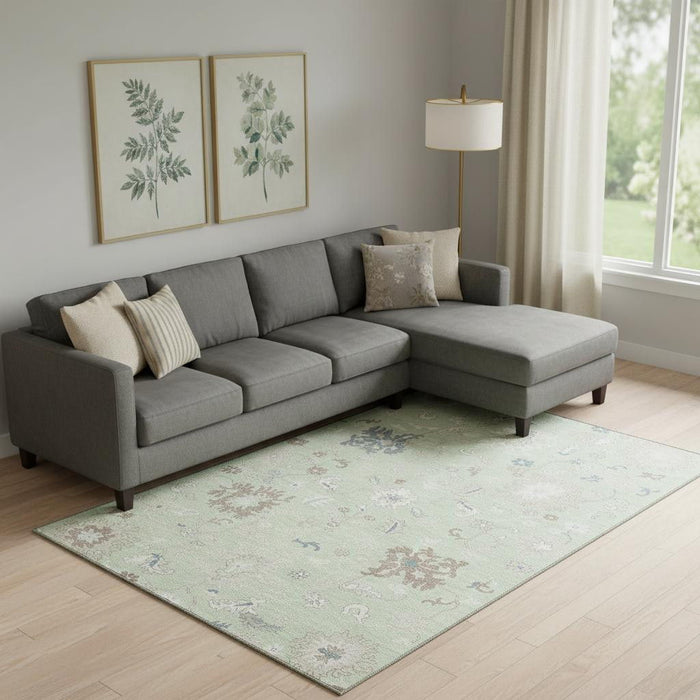 10' X 14' Floral Washable Area Rug With UV Protection (705899) - Artichoke Green / Brown / Blue