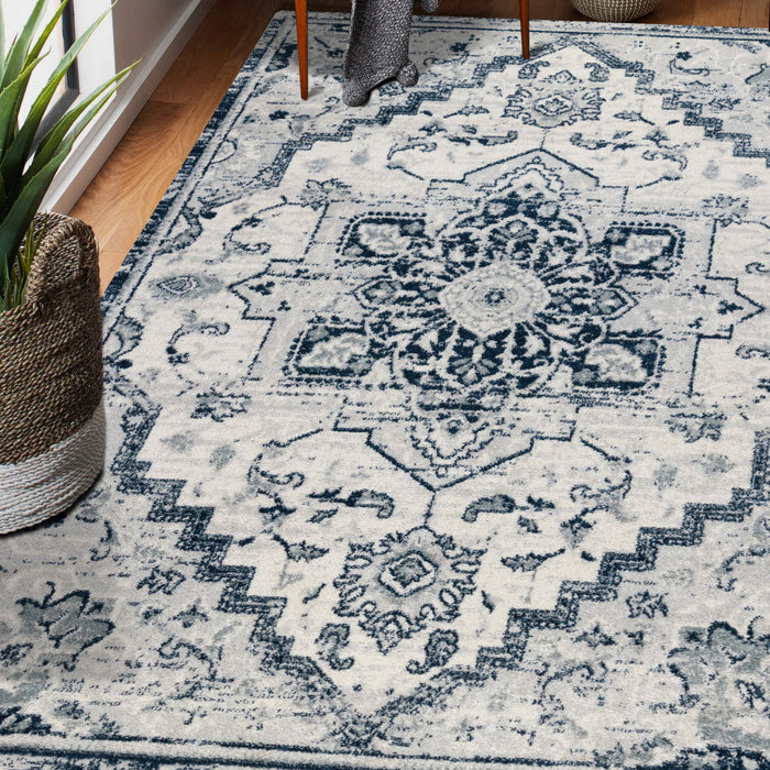 9' x 12' Medallion Power Loom Area Rug - Navy And Ivory
