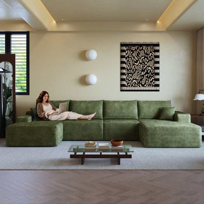 2 Piece Living Room Set Corduroy Modular Compression Foam Sofa With Ottoman Toss Pillows - Green