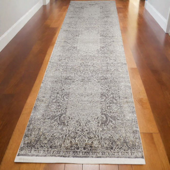12' Oriental Power Loom Worn Faded Runner Rug - Gray And Ivory