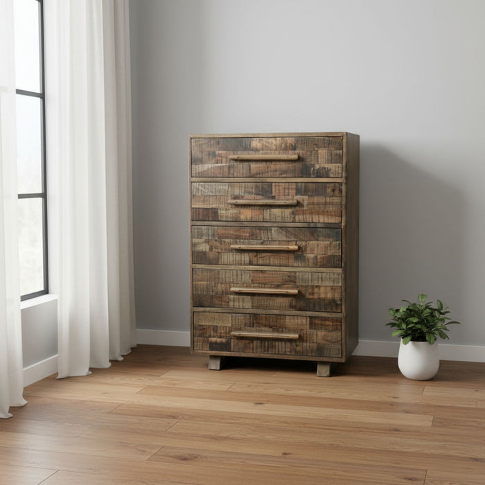 35" Carved Geometric Solid Wood Five Drawer Dresser - Brown