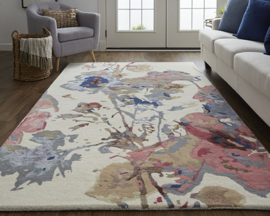 5' x 8' Wool Floral Hand Tufted Area Rug - Ivory Pink And Blue