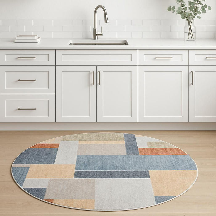 4' Geometric Round Rug (573777) - Blue / Brown / Tan