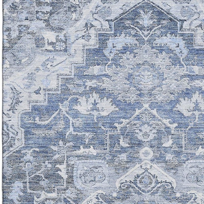 9' X 12' Floral Medallion Washable Area Rug With UV Protection - Denim Blue
