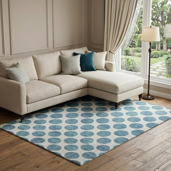 10' X 14' Polka Dot Washable Area Rug With UV Protection (677441) - Teal / Ivory