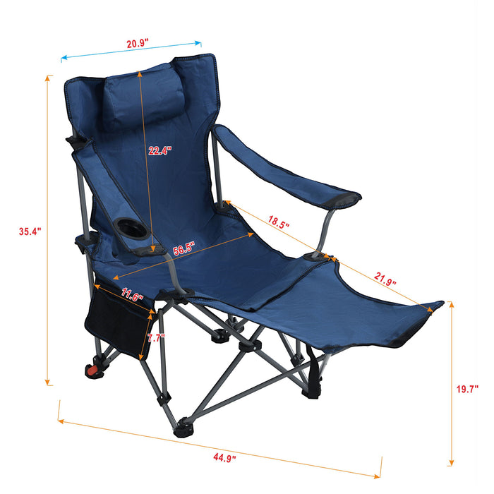 Giga outdoor camping arm chair in dark blue with 3-level reclining, side pockets, cup holder, folding design, and carry bag.