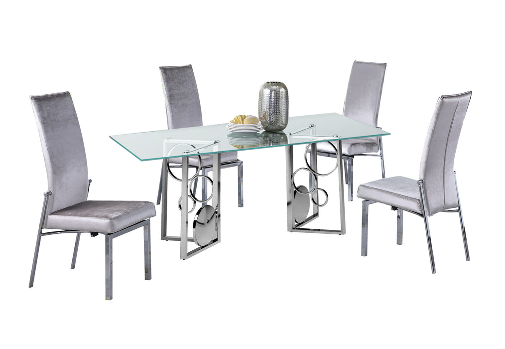 Chintaly BRUNA Dining Set w/ 36"x 60" Glass Top Table & 4 Motion-back Chairs Grey