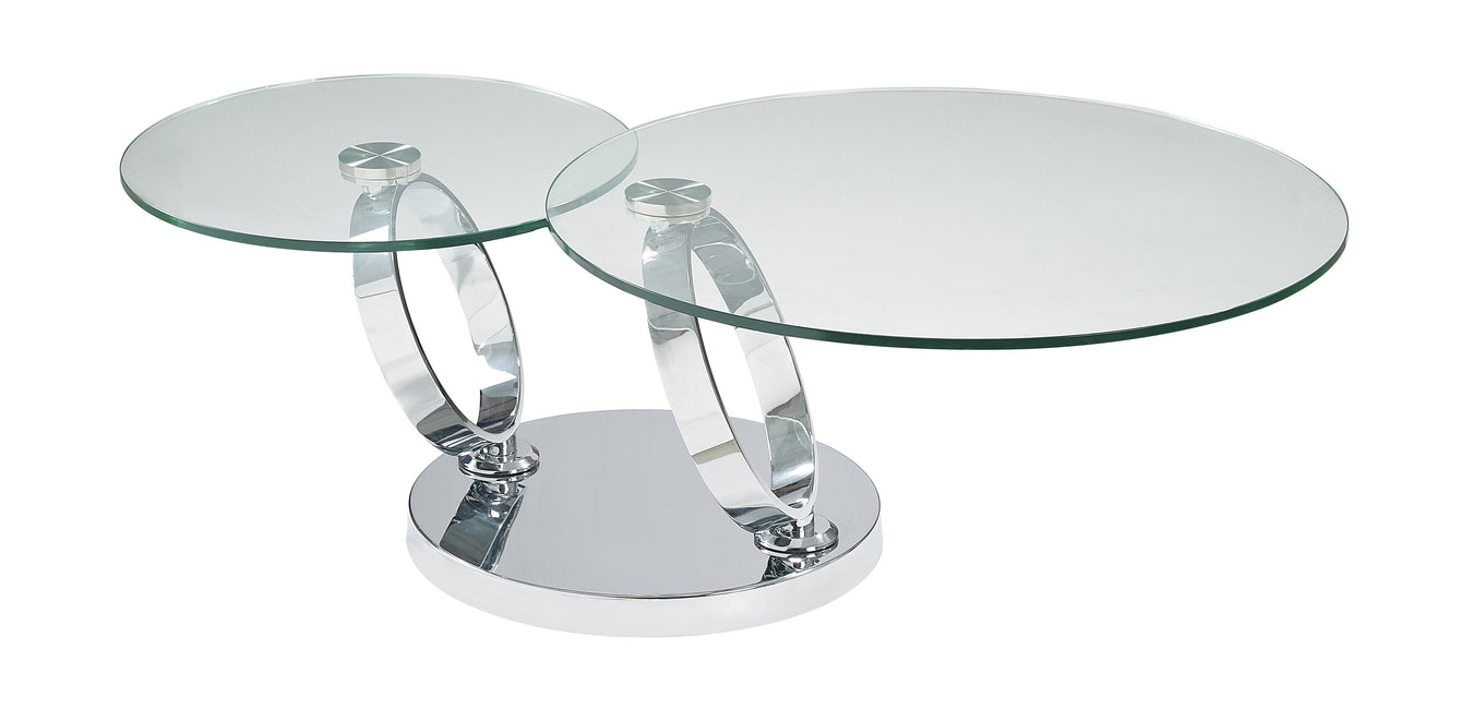Glass and chrome Chicago coffee table by J & M Furniture with sleek modern design, shown from a front angle.