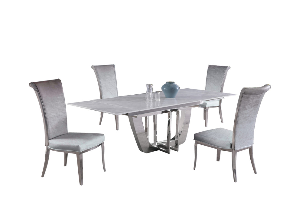 Chintaly JOY Dining Set w/ Extendable Carrara Marble Table & 4 High-back Chairs Grey