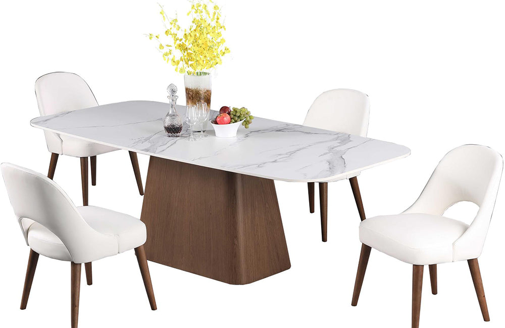 Chintaly KENZA Modern Marbleized Sintered Stone Top Table & Wooden Legged Chairs