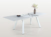 Chintaly Malibu contemporary outdoor extendable dining table in matte white aluminum with butterfly leaf, outdoor dining furniture