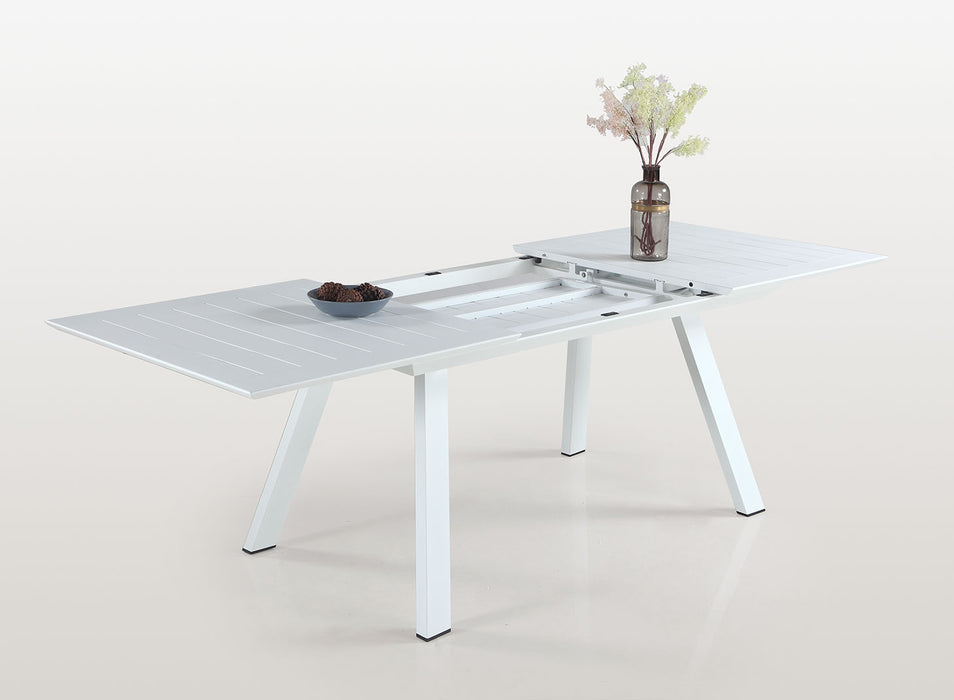Chintaly Malibu contemporary outdoor extendable dining table in matte white aluminum with butterfly leaf, outdoor dining furniture
