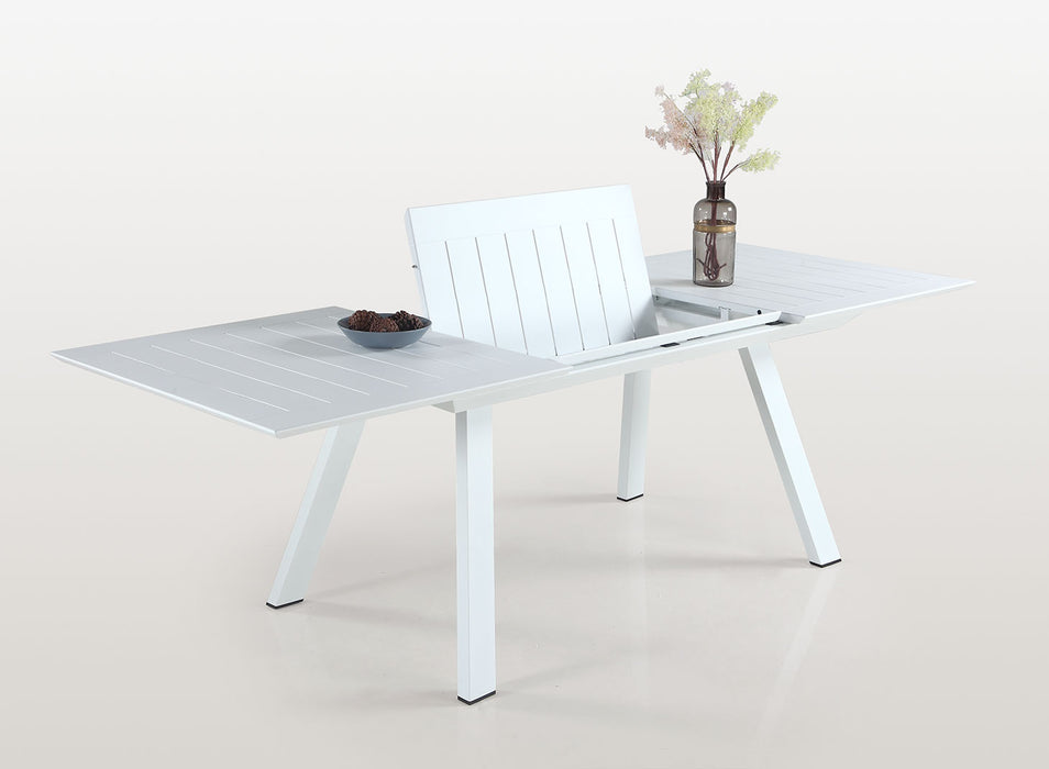 Matte white aluminum Malibu outdoor extendable dining table with butterfly leaf by Chintaly, perfect for outdoor dining spaces.