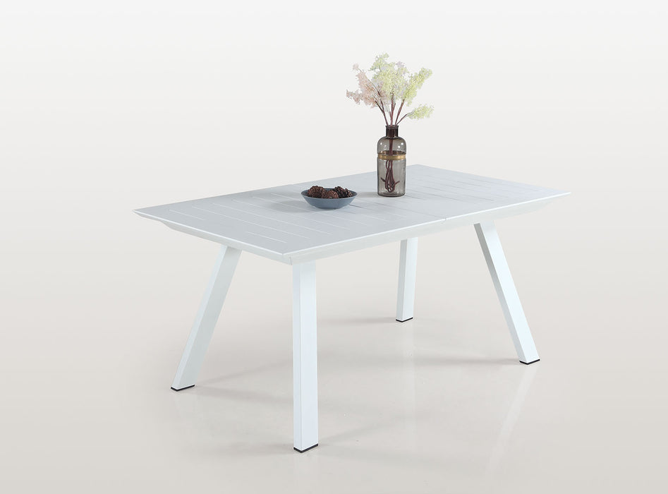 Contemporary Malibu outdoor extendable dining table by Chintaly in matte white aluminum with butterfly leaf, outdoor patio furniture