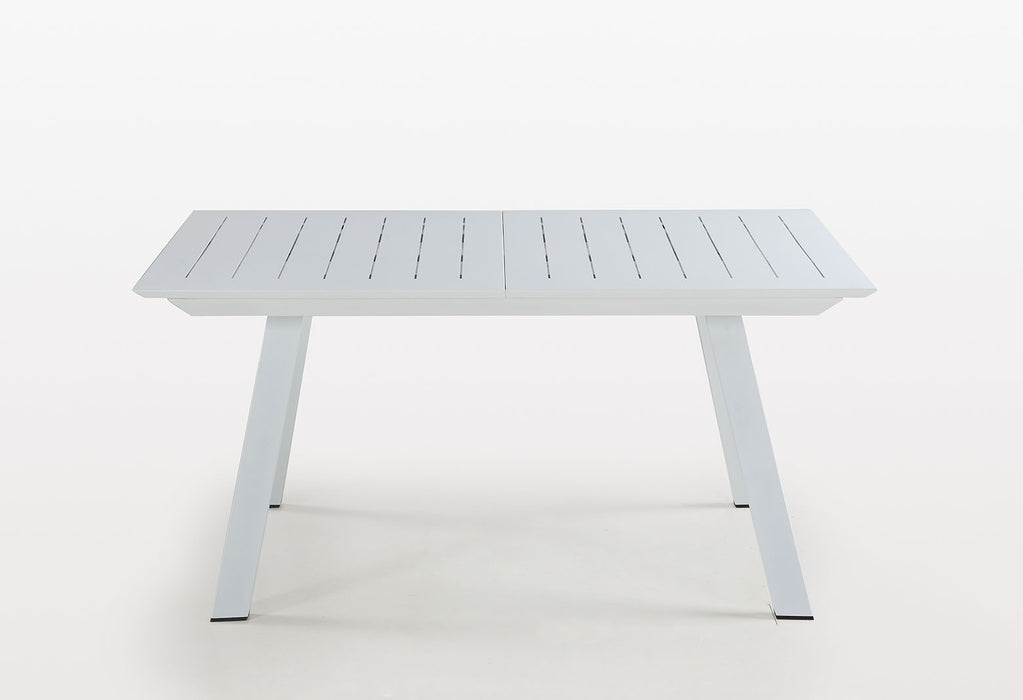 Contemporary Malibu outdoor extendable dining table by Chintaly in matte white aluminum with butterfly leaf, suitable for outdoor dining.