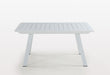 Contemporary Malibu outdoor extendable dining table by Chintaly in matte white aluminum with butterfly leaf, suitable for outdoor dining.