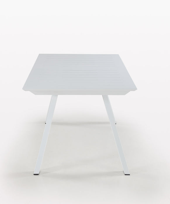 Contemporary outdoor dining table by Chintaly, Malibu model, matte white aluminum with extendable butterfly leaf for outdoor entertainment.