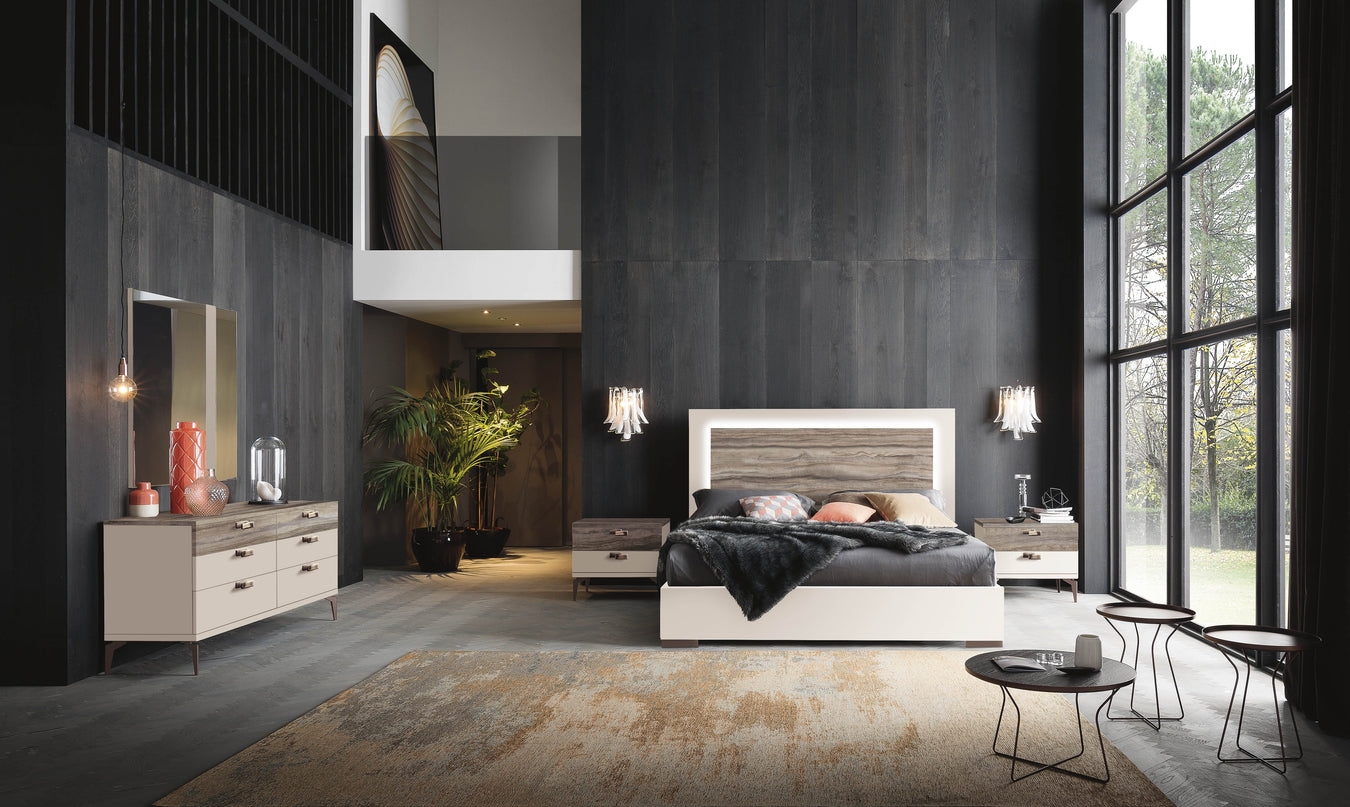 J & M Furniture Madison queen size bed in beige and oak finish, with a sleek, modern design and sturdy wooden frame.